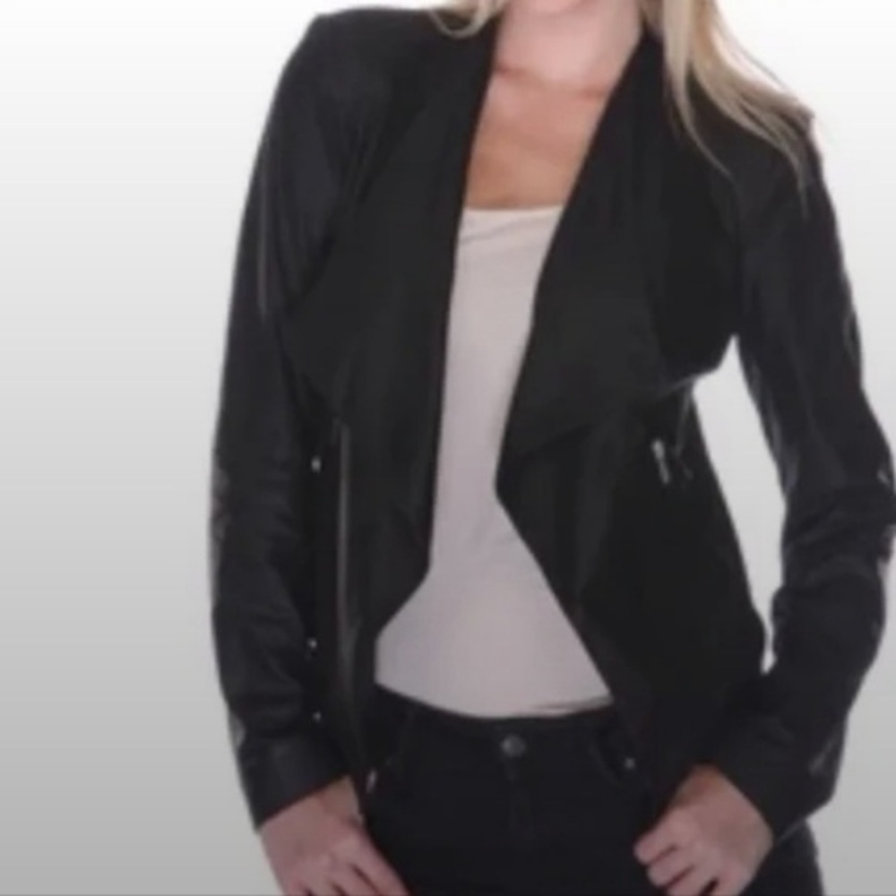 My Tribe Open Front Waterfall Cropped Leather Moto Jacket NEW!